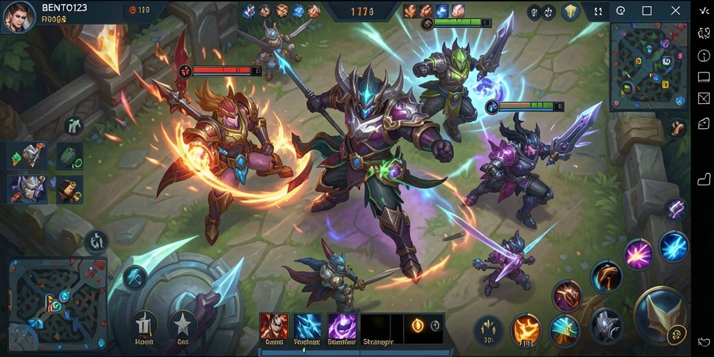 Screenshot gameplay BENTO123 yang menampilkan pertempuran MOBA yang intens.