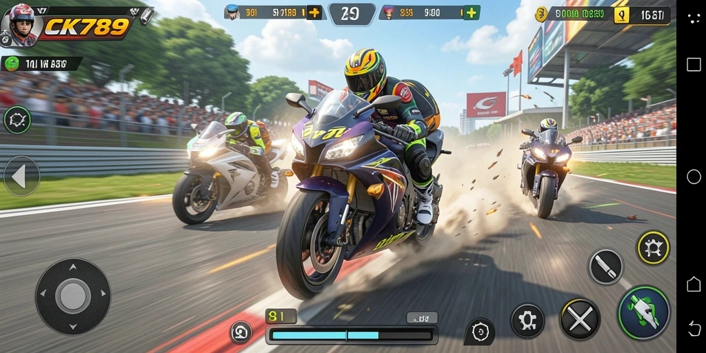 Tampilan utama gameplay balapan motor CK789 yang mendebarkan dan menantang.