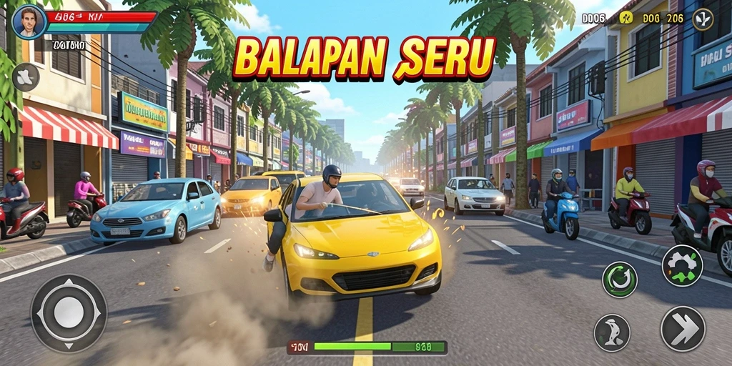 Gameplay seru D06 saat balapan di lintasan yang menantang.
