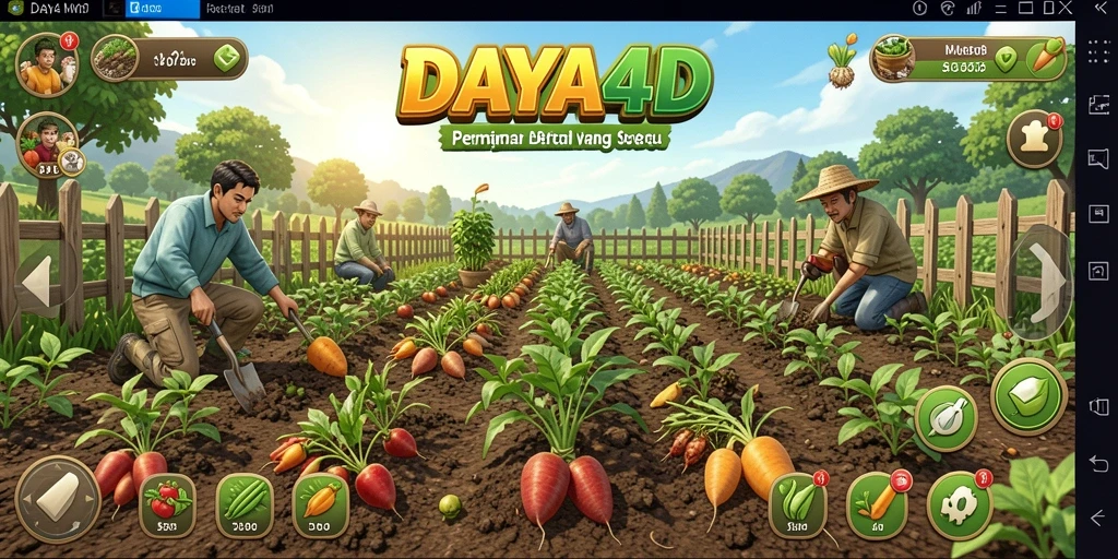 Tampilan gameplay DAYA4D dengan ladang yang subur dan tanaman yang sedang tumbuh.
