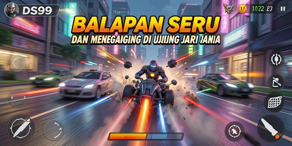 Tampilan balapan seru DS99 dengan mobil cepat di trek.