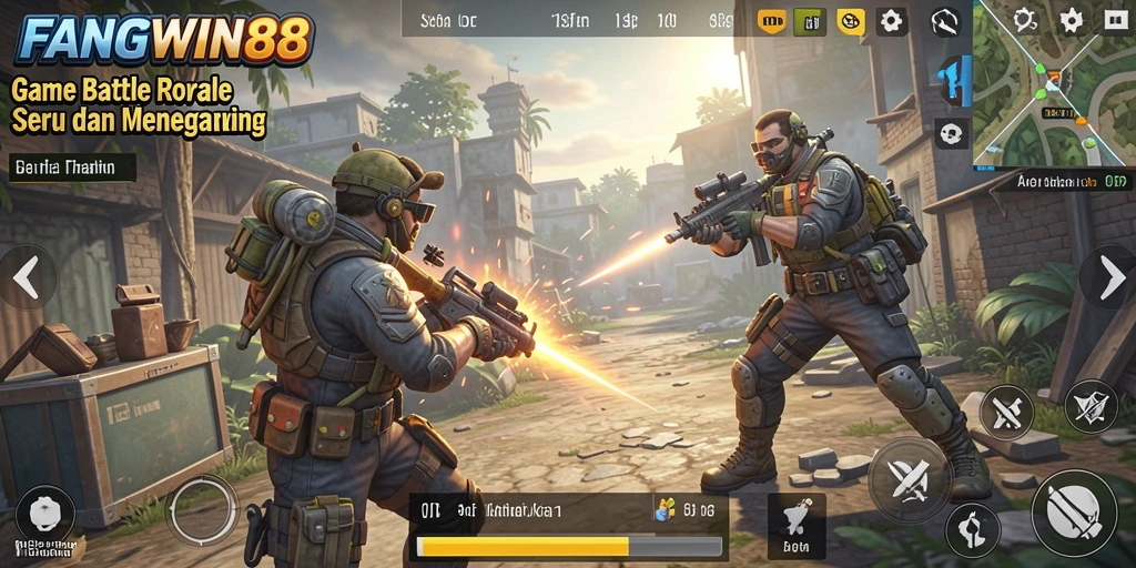 Screenshot gameplay FANGWIN88 menampilkan aksi pertempuran Battle Royale yang mendebarkan.