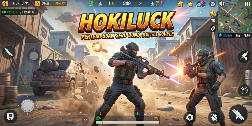 Screenshot gameplay HOKILUCK menunjukkan aksi pertarungan intens di arena Battle Royale.