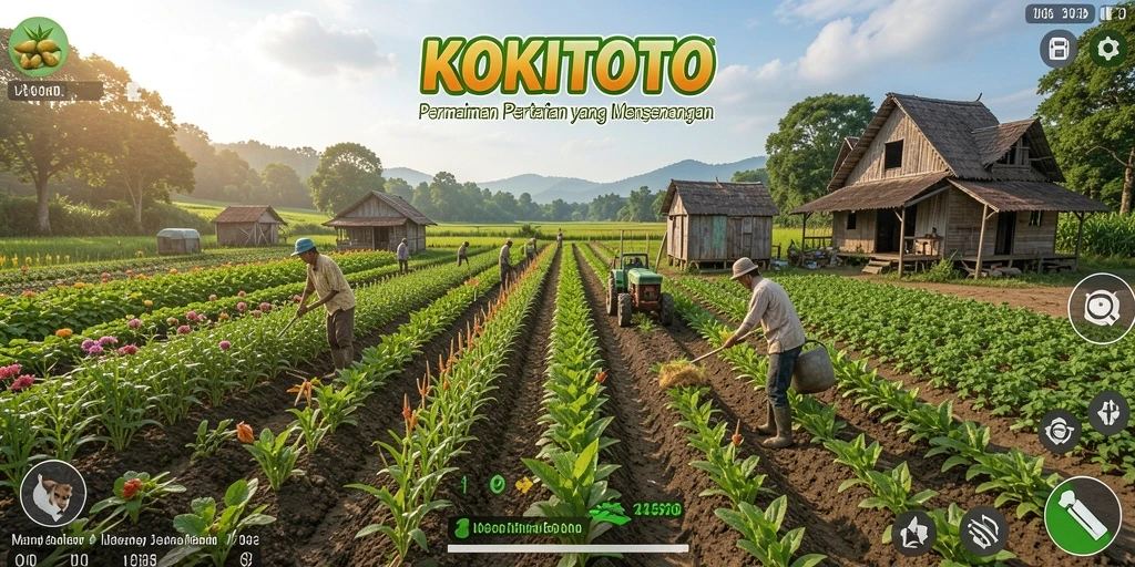 Screenshot gameplay KOKITOTO menampilkan kebun yang subur dan berwarna-warni.