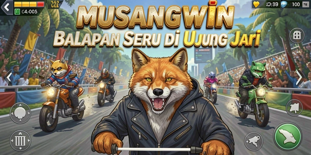 Screenshot gameplay MUSANGWIN menampilkan aksi balap yang seru dan mendebarkan.