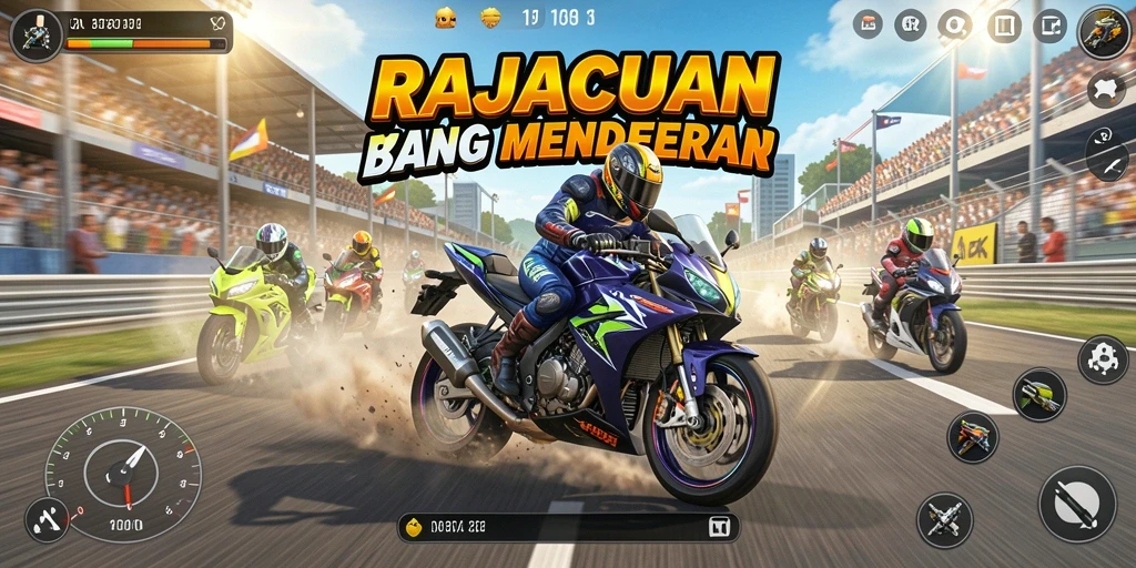 Gameplay seru di RAJACUAN dengan balapan motor yang mendebarkan.