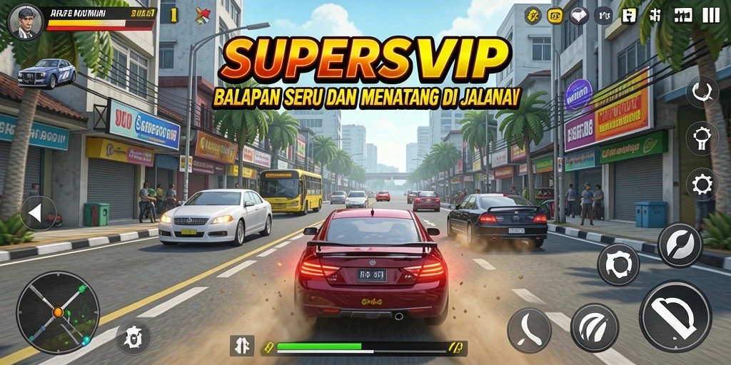 Gameplay seru di SUPERSVIP dengan mobil balap cepat dan trek menantang.