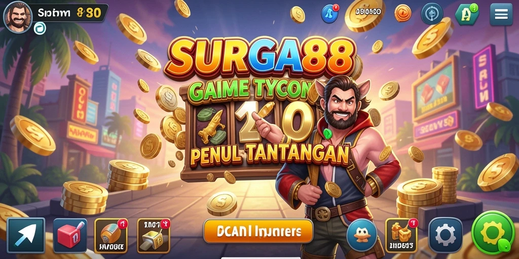 Screenshot gameplay SURGA88 menampilkan momen seru dalam membangun kerajaan bisnis.
